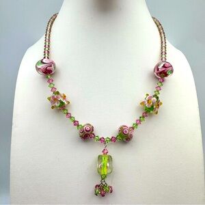 Artisan Lampwork Glass Necklace Pink Green Floral Beads Sterling Clasp